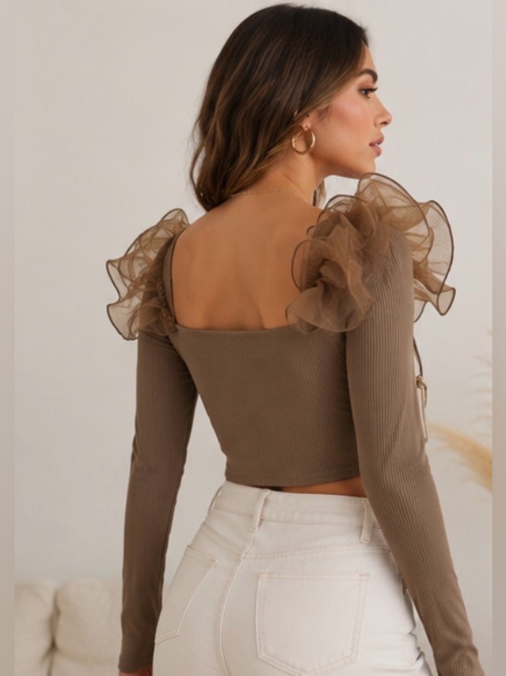 ZARA Ribbed Crop Top Large Taupe Organza Ruffle Long Sleeve Romantic. - Picture 3 of 11